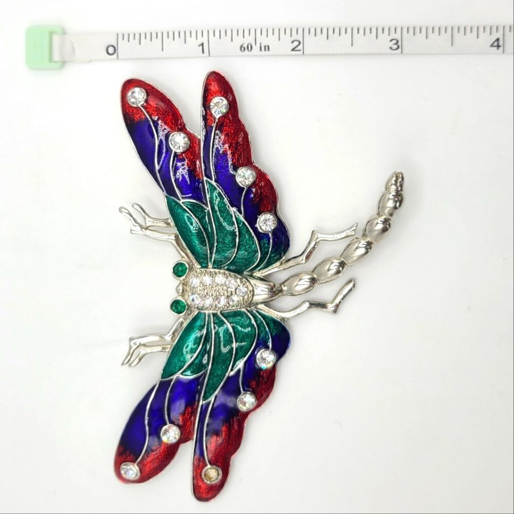 Enamel and Rhinestone Dragonfly Brooch Pin, large - Picture 5 of 7